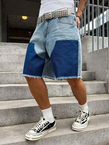 Manfinity EMRG Men's Light Blue Patchwork Denim Casual Loose Shorts, Summer Holiday - Light Wash - View 6