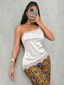 Eryvara Women's Elegant Fashion Casual Lace Patchwork Asymmetric Hem One Shoulder Blouse, Suitable For Summer - White - View 6