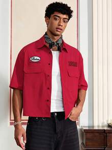 SWAVVY Men's Letter Print Single-Breasted Pocket Short Sleeve Shirt - Red - View 1