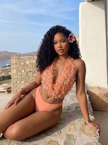 BamGleam 2026SS Women Swimwear Coral Peach,Summer,Casual,Beach,Holiday,Vacation,Sequin Tassel Sweet Cover Up Elegant Vintage Boho Y2K Music Festival Cocktail - Multicolor - View 2