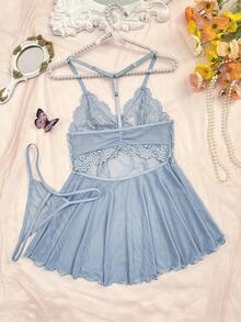 SHEIN 2pcs/Set Sexy Lace & Mesh Backless A-Line Dress, Wine Red - Baby Blue - View 6
