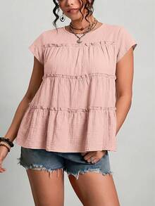 Freevana Plus Size Women's Solid Color Round Neck Pleated Casual Versatile Daily Wear Blouse - Dusty Pink - View 4