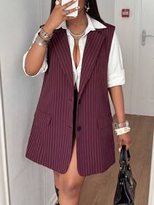 Maweii Blazer Seksi Bergaris Tanpa Bahu untuk Wanita Ukuran Plus - Burgundy - View 7