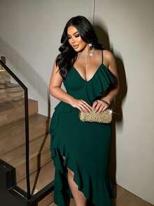 NU&NOW Plus Size Spaghetti Strap High Slit Ruffle Hem Red Party Dress - Green - View 1