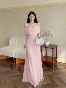 NOVVYNE 女士露肩褶皱腰身优雅婚礼/场合礼服 - 淺粉色 - 查看 3