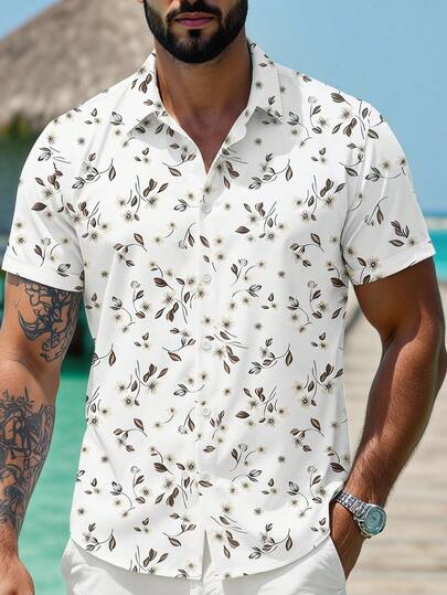 VIVINTIMO Men's Summer Ditsy Floral Short Sleeve Shirt, Fresh Floral Design Showcases Summer Vitality, Minimalist Versatile Colors, Easily Suits Multiple Styles, Refreshing Prints Summer Coolness, Lightweight, Comfortable For Vacation Wear