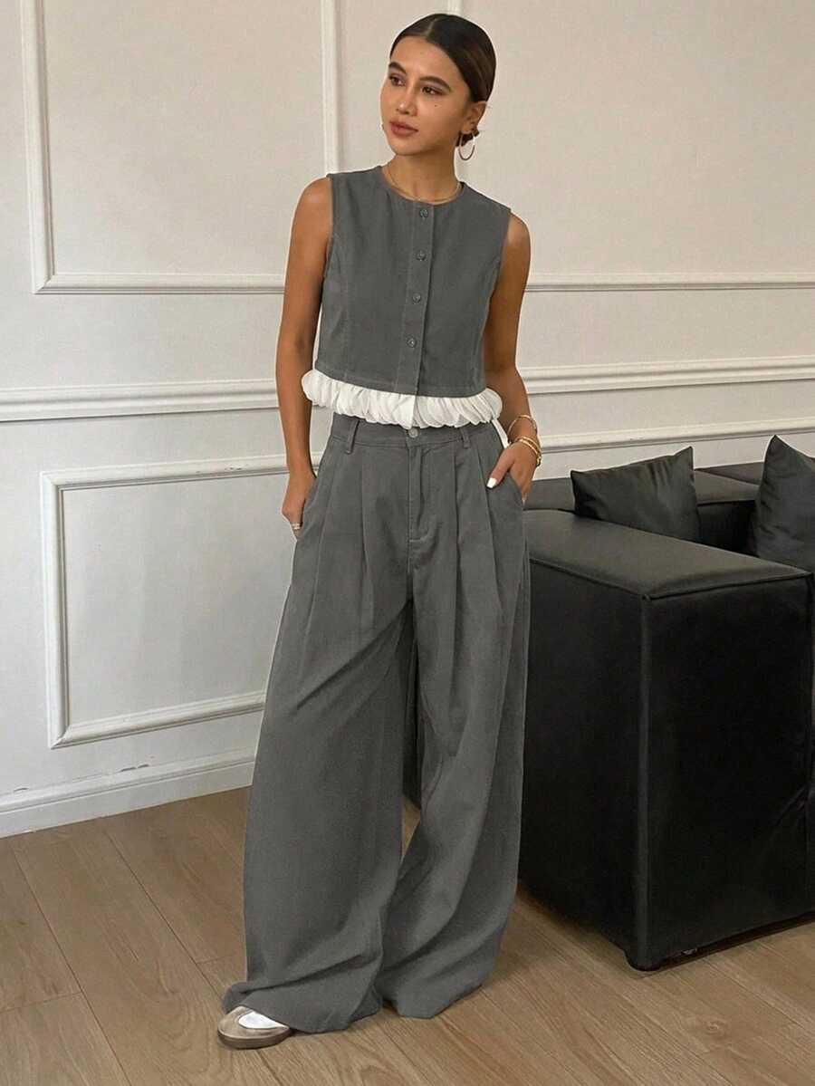 DAZY 纯色圆领露背短款背心和阔腿裤套装,优雅夏季女装 - 灰色 - 查看 1