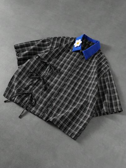 ROMWE MEN Men's Plaid Print Contrast Collar Casual Short Sleeve Shirt