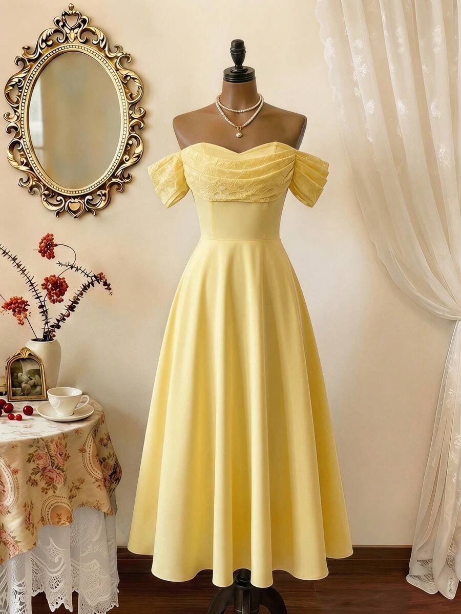 Vintamour Robe jaune élégante vintage pour femmes, patchwork en dentelle épaules dénudées avec poches, tenue décontractée pour vacances d'été, rendez-vous, invitée de mariage, fête, remise des diplômes, bal de promo - Jaune d'oie - Voir 1