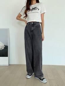 DAZY High Waist Washed Wide Leg Jeans - Dark Grey - View 5