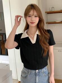 DAZY Contrast Collar Puff Sleeve Tee,Crop Tops Women - Black - View 5