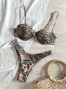 Swim Vcay Solid Color Spaghetti Strap Underwire Top And Swim Bottoms Women Summer Swimwear Set - Brown - View 1