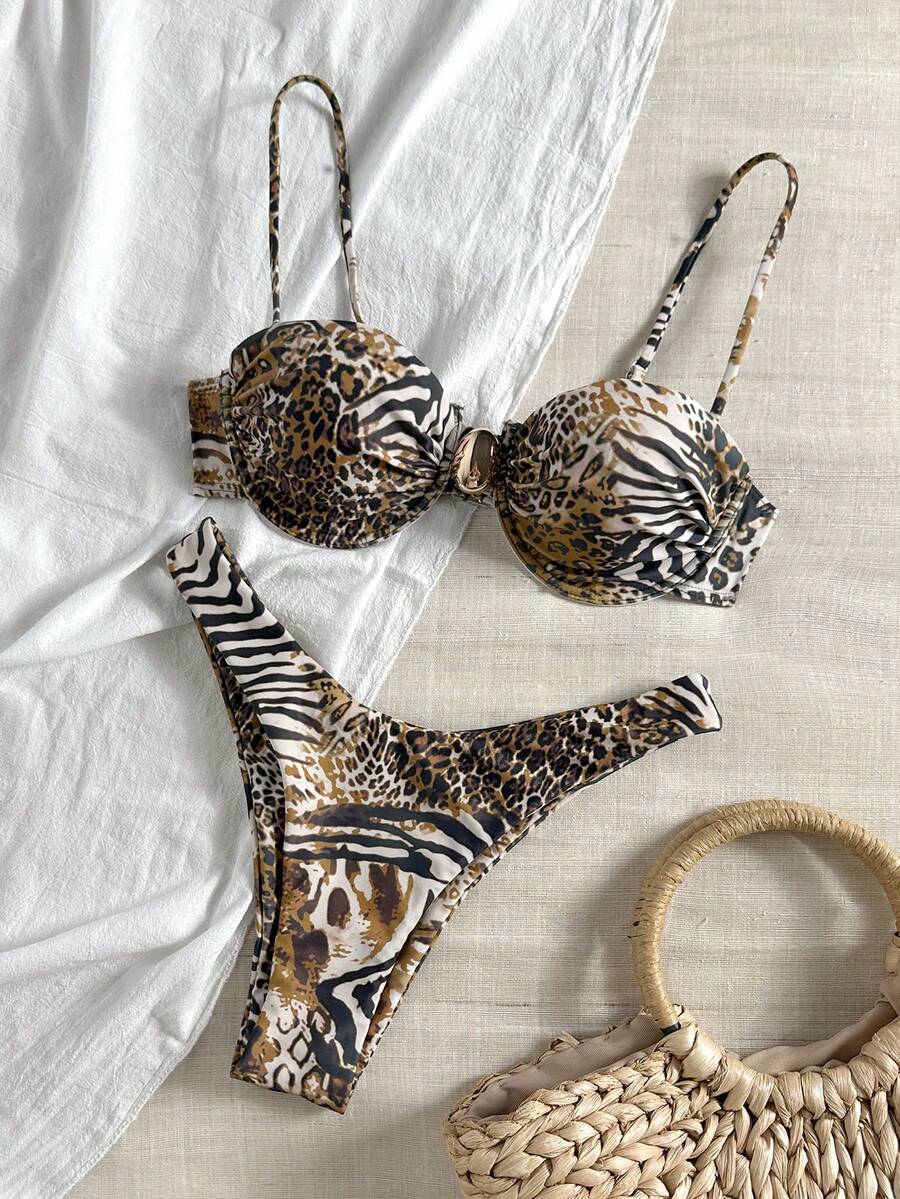 Swim Vcay Solid Color Spaghetti Strap Underwire Top And Swim Bottoms Women Summer Swimwear Set - Brown - View 1