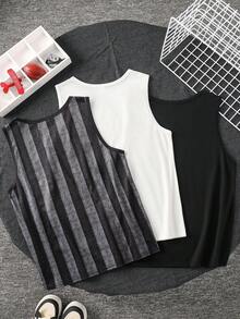 SHEIN Bộ 3 áo ba lỗ dệt kim dáng rộng thoải mái cho bé trai tuổi teen, in chữ màu trơn, thoải mái, đa năng, phù hợp mặc hàng ngày, đi học, dã ngoại, thể thao ngoài trời, lễ hội âm nhạc, kỳ nghỉ, du lịch biển, không khí mùa hè, lễ hội, mùa xuân/hè. - Nhiều màu - Xem 3
