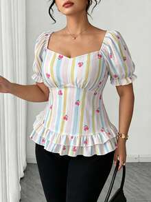 Elenzga Plus Size Waist Cinching Textured Striped Cherry Print Elegant Palace Style Blouse - Multicolor - View 3