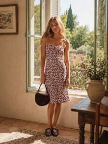 lacRébo Vintage Floral Fitted Elastic Mid-Length Dress, Front Tie Spaghetti Strap, Suitable For Vacation Spring/Summer Casual Wear, French Style - Multicolor - View 6