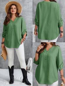 EMERY ROSE Camisa casual de mujer talla grande de unicolor con cuello en V y mangas enrolladas - Verde - Ver 9