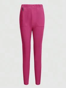 TaskEZ Solid Color Minimalist V-Neck Double Pocket T-Shirt And Casual Pants Uniform Set - Hot Pink - View 5