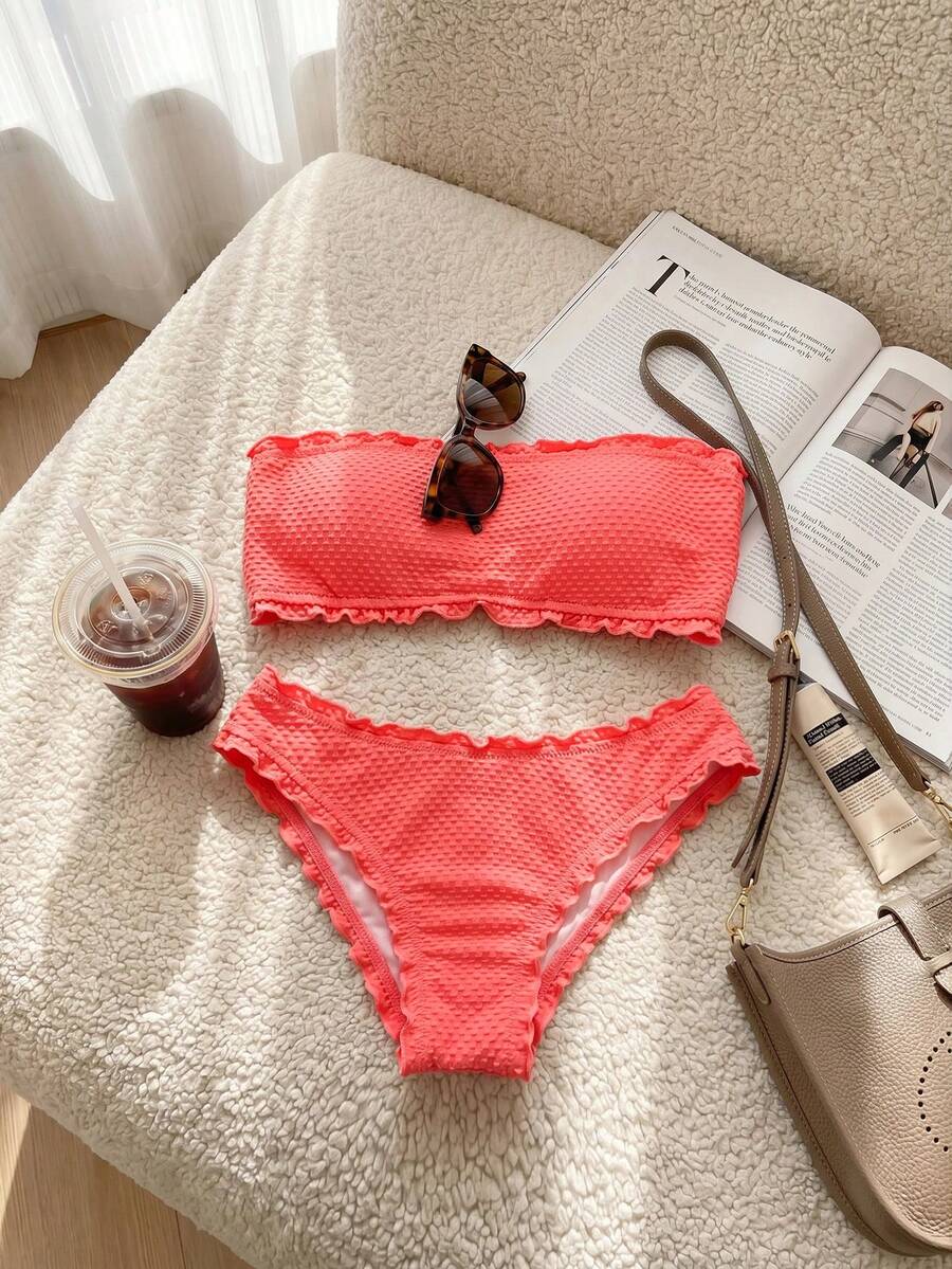 Resyla Summer Beach Frill Trim Bandeau Bikini Set Vacation - Coral Orange - View 1