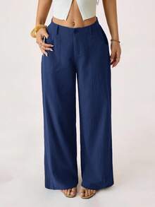 SHEIN PETITE Quần ống đứng lưng thấp 100% cotton đã giặt - Màu xanh hải quân - Xem 4