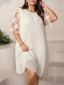 Comfylo Plus Size Summer Elegant Sequin 3D Floral Mesh Patchwork Dress Tea Party White - White - View 5