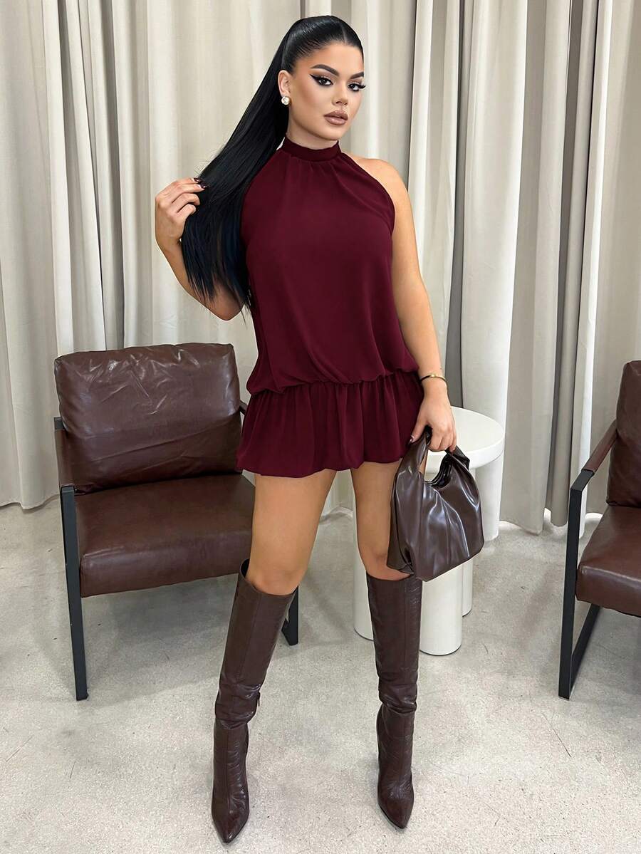 Dayanna Comas Women's Solid Color Casual Halter Mini Bubble Dress,Summer Dresses For Women Party Elegant - Burgundy - View 1