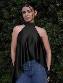 Andrea Bello Vestido maxi suelto de satén verde oliva con cuello halter y espalda descubierta, top sexy línea A negro para verano - Negro - Ver 4