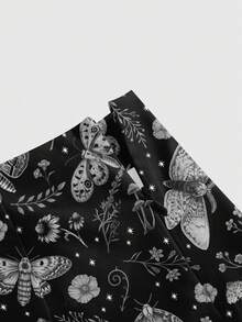 ROMWE Fairycore Dark Butterfly, Sun And Moon, Mysterious Forest Print Mini Skirt With Side Slit, Sexy Style - Black - View 3