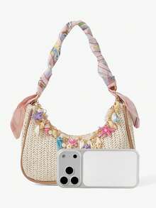 Viva Strut 1 pieza Bolso de paja de vacaciones de verano junto al mar, bolso de hombro con decoración de concha y estrella de mar, con correa de pañuelo de seda rosa para el sobaco, bolso de - Albaricoque - Ver 10