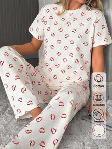 SHEIN Conjunto de pijama con estampado de besos en toda la prenda y pantalón de pierna ancha - Blanco - Ver 8