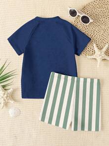 SHEIN Pakaian kasual, sederhana, longgar, seperti kaos oblong lengan pendek berkerah bulat, celana pendek, dan baju renang untuk anak laki-laki cocok untuk musim panas. - MultiWarna - View 4