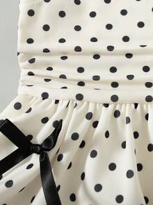 SHEIN Playful Pals Đầm chấm bi thời trang thắt nơ cho bé gái - trắng - Xem 5