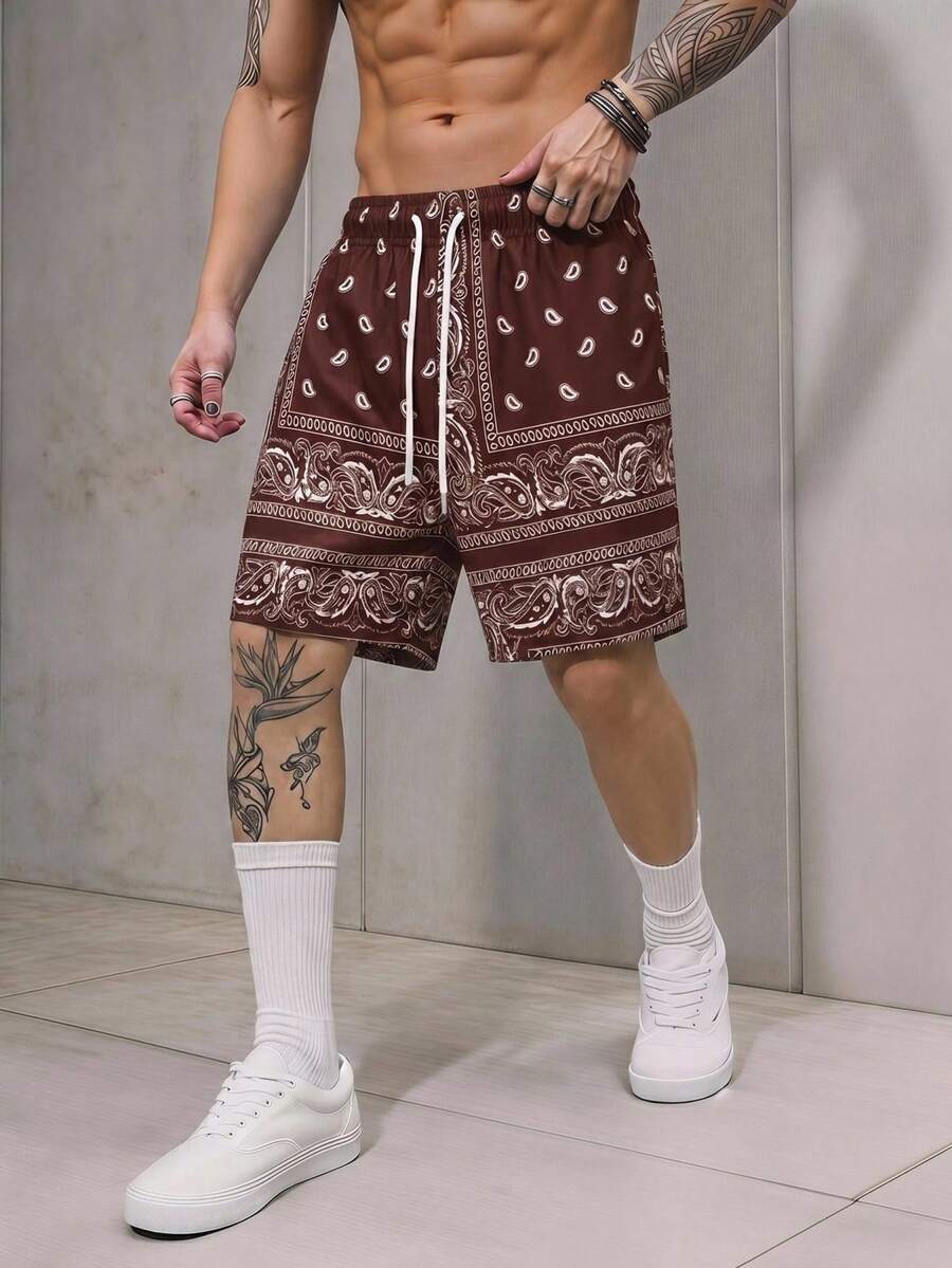 Manfinity VCAY Quần short nam dáng casual, cạp chun, họa tiết hạt điều, chất liệu dệt kim. - Màu Khaki - Xem 1