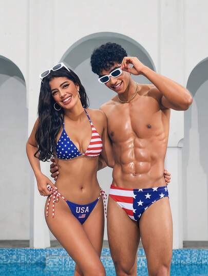 Azuldrift Men's American Flag Print Casual Swim Trunks Holiday / Vacation / Beach / Hawaii / Tropical / Swim /  Bathing Couple's Date Vacation Outfit
