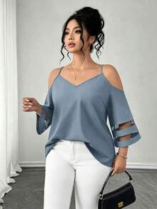 Elenzga Blus Hitam Wanita Ukuran Besar, Bahan Tenun, Model Reguler, Cocok untuk Musim Semi/Panas, Kasual, Modis, Cocok untuk Komuter, dengan Tali Bahu Tipis, Lengan 3/4, dan Panel Jala. - Dusty Blue - View 5