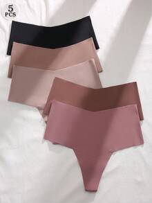 SHEIN 5pcs/Set Solid Color Comfortable High Waist Seamless Thong Panties - Multicolor - View 1