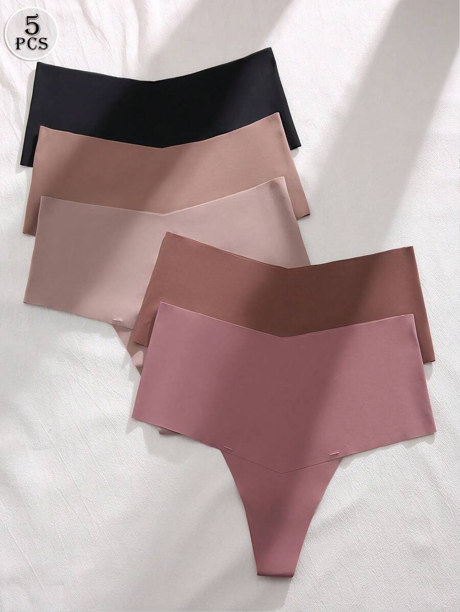 SHEIN 5pcs/Set Solid Color Comfortable High Waist Seamless Thong Panties - Multicolor - View 1