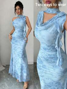 Modelyn Green Sleeveless Flowy Collar Floral 3D Mesh Print Fitted Dress For Women - Blue - View 1