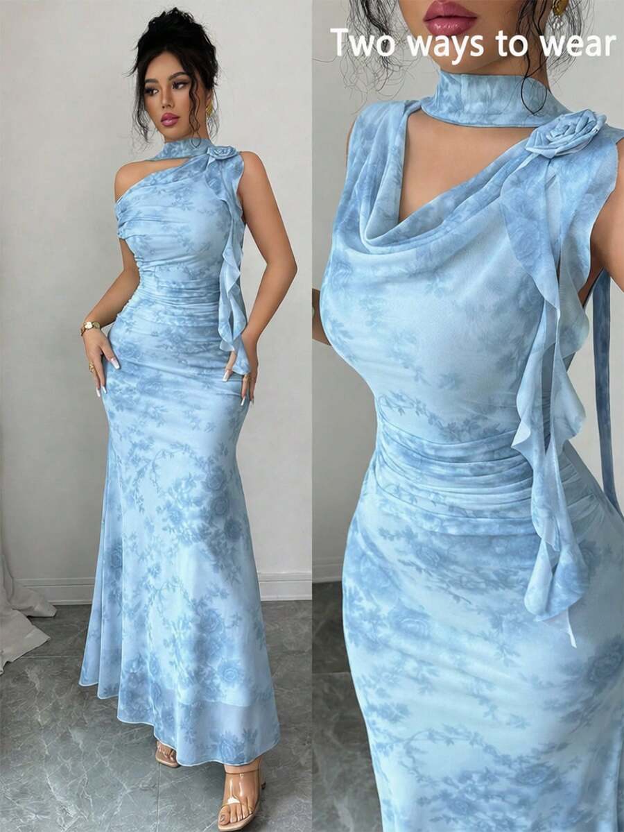 Modelyn Green Sleeveless Flowy Collar Floral 3D Mesh Print Fitted Dress For Women - Blue - View 1