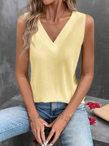 SHEIN LUNE Tank Top Wanita Polos Tanpa Lengan Leher V dengan Tali Lebar, Kasual Longgar, Musim Panas - Kuning - View 4