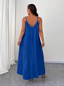 Maweii Vestido de tirantes de vacaciones de unicolor y versátil para mujer de talla grande - Azul - Ver 2