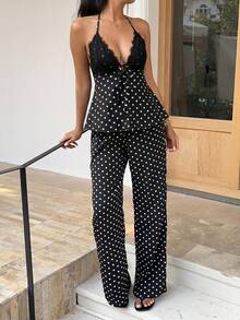Sunnyshic Bộ đồ 2 mảnh gồm áo chấm bi đen phối ren cổ chữ V hở lưng dáng chữ A và quần dài cạp thấp, thích hợp cho nữ mùa xuân/hè, đi nghỉ mát, đi biển, thanh lịch, gợi cảm, thường ngày, đi làm. - màu đen - Xem 7