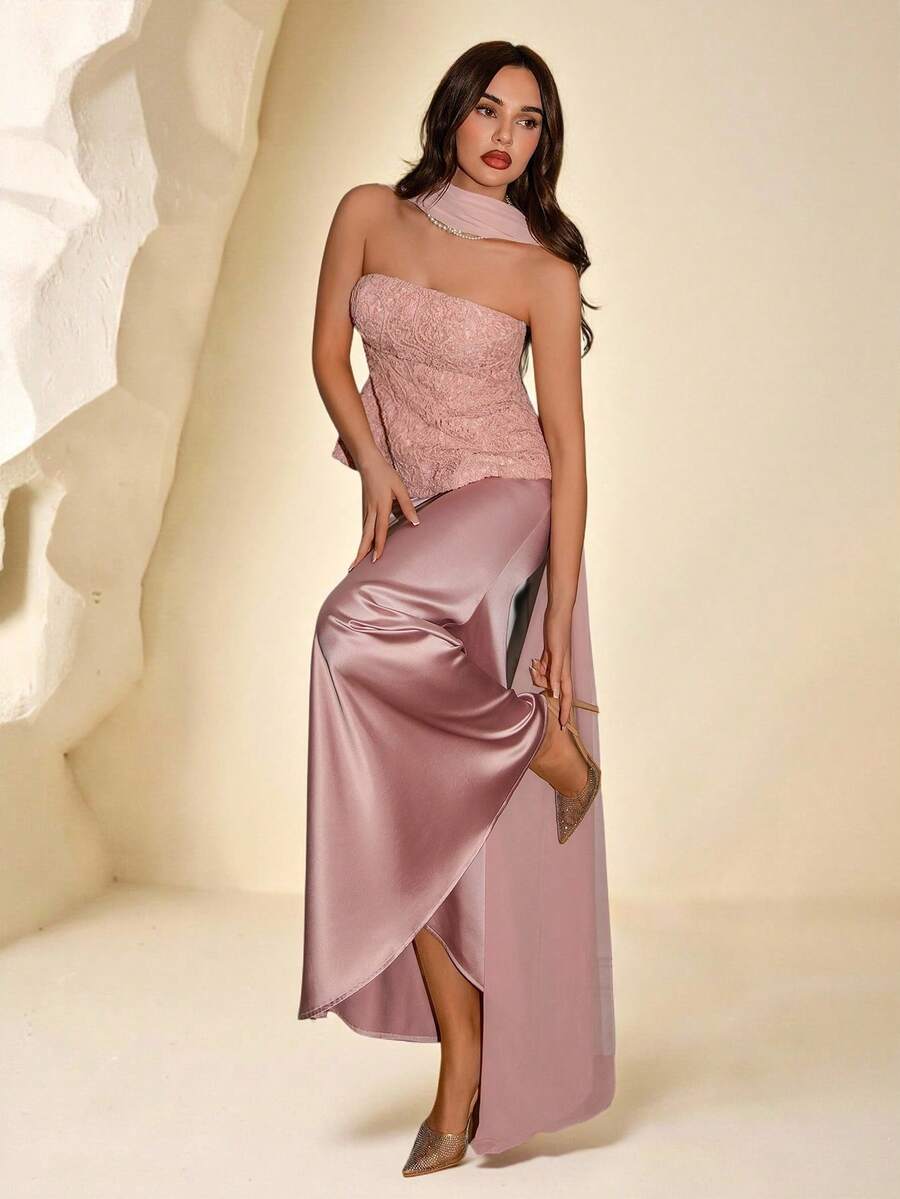 Coutiva Vestido de noche elegante y formal para mujer con diseño de parches y cinta de colores sin tirantes - Rosa Pálido - Ver 1
