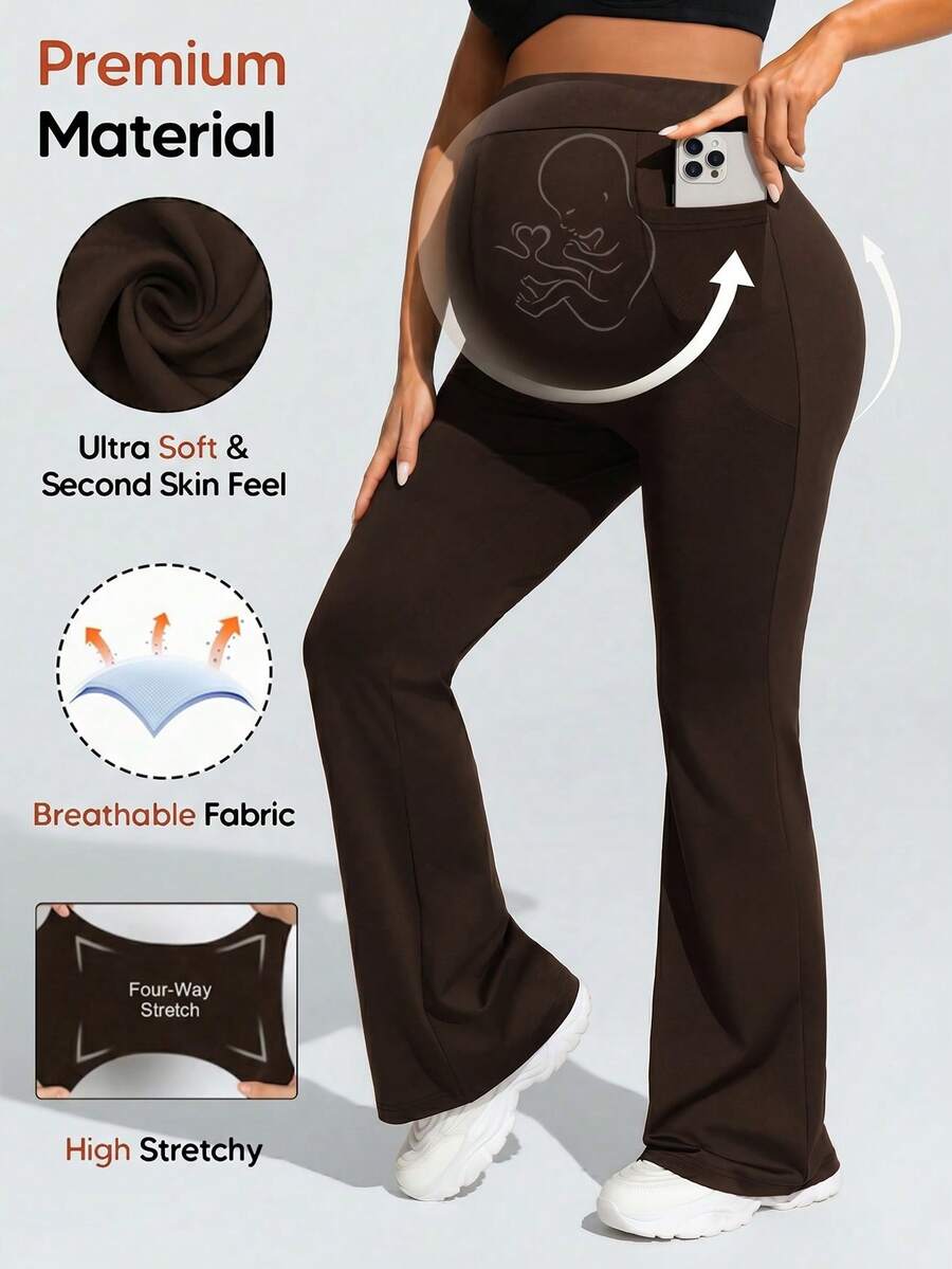 SHEIN Pantalones acampanados casuales y versátiles de unicolor con cintura ajustable para uso diario durante el embarazo - Café integral - Ver 1