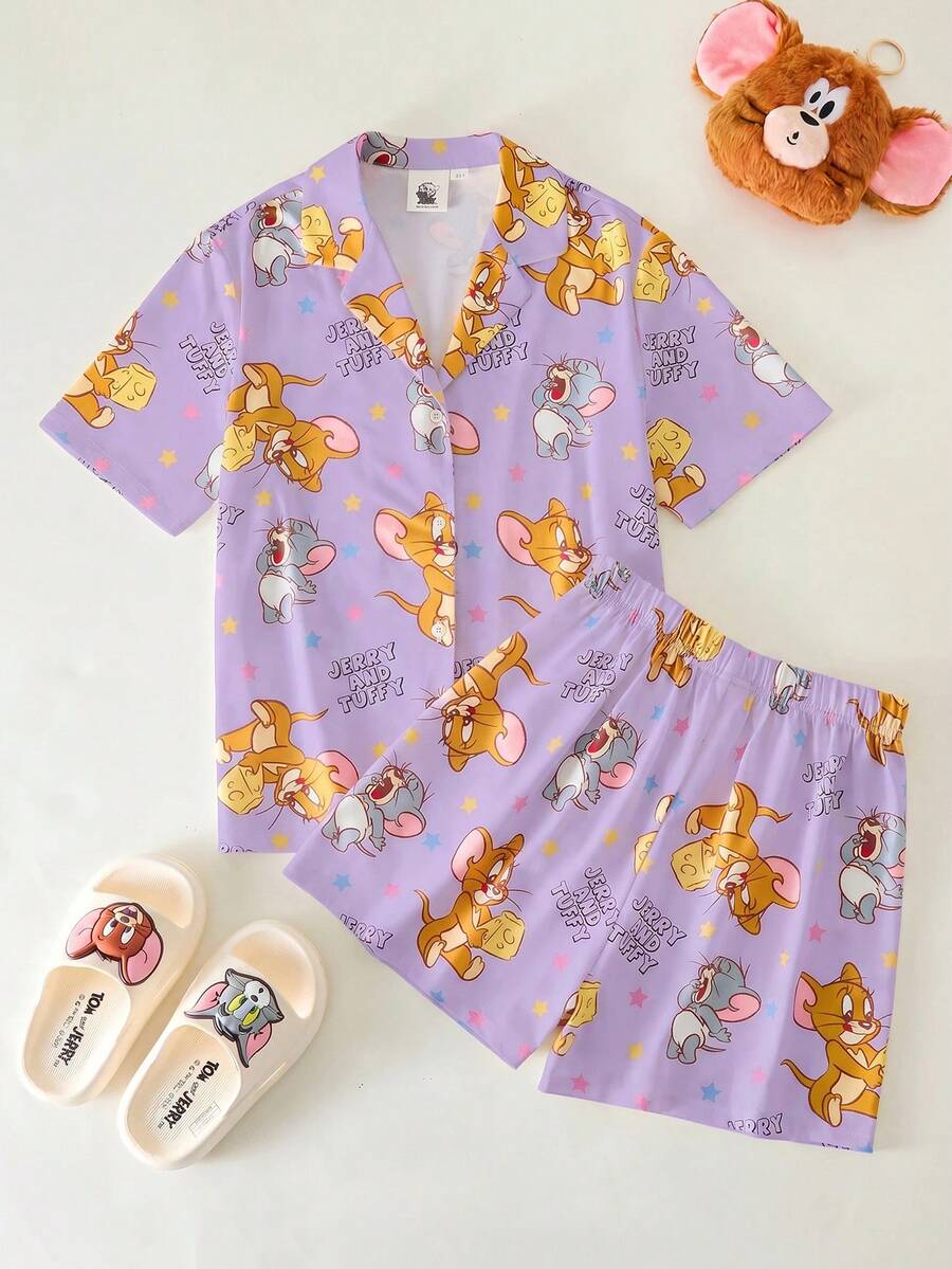 TOM & JERRY X SHEIN 少女卡通印花短袖上衣和短裤睡衣套装 - 紫色 - 查看 1