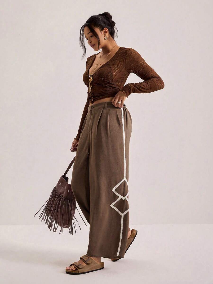 SHEIN VCAY Plus Size Women's Pleated Wide Leg Casual Pants With Pockets - Brown - View 1