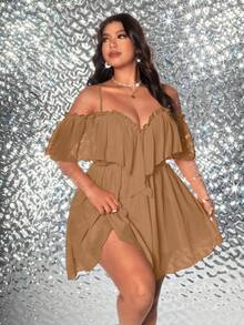 Viva Relle Plus Size Elegant Solid Color Off-Shoulder Spaghetti Strap Dress, Summer - Khaki - View 3