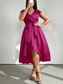 SHEIN Clasi Plus Size Solid Color V-Neck Ruffle Trim Party Dress Maxi Women Outfit - Hot Pink - View 4