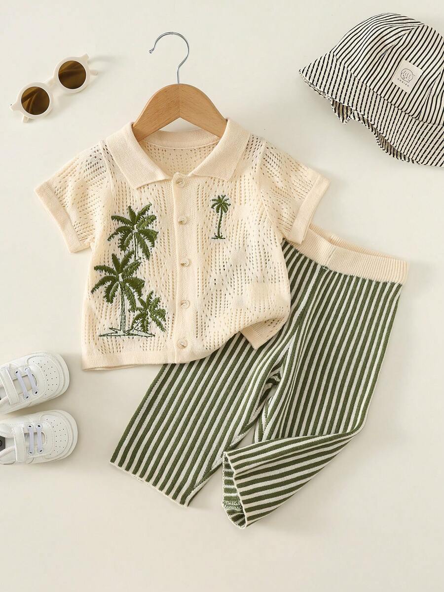 SHEIN Bộ đồ đôi 2 món cho bé trai/bé gái, kiểu dáng thường ngày dễ thương, áo khoác cardigan ngắn tay và quần dài, bộ quần áo mùa hè cho bé trai. - màu xanh lá - Xem 1