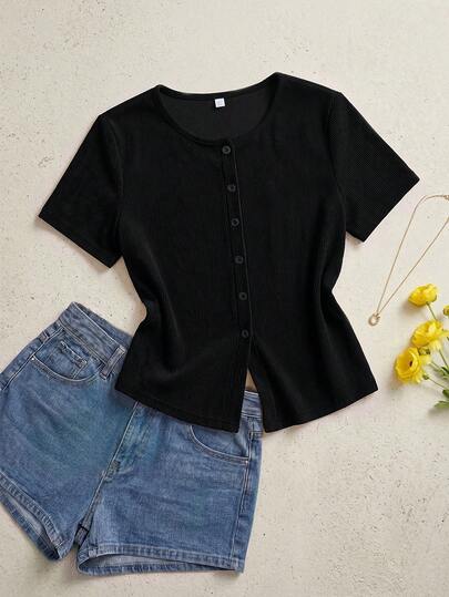SHEIN Essnce Damen Große Größen Frühling/Sommer Mode Casual Stretch Bequem Alltagstauglich Vielseitig Schlankheits-Schwarz Figurbetontes Kurzarm T-Shirt, Ausgeh-Oberteile, Einfacher Stil, Basis-Oberteile, Kurven-Oberteile